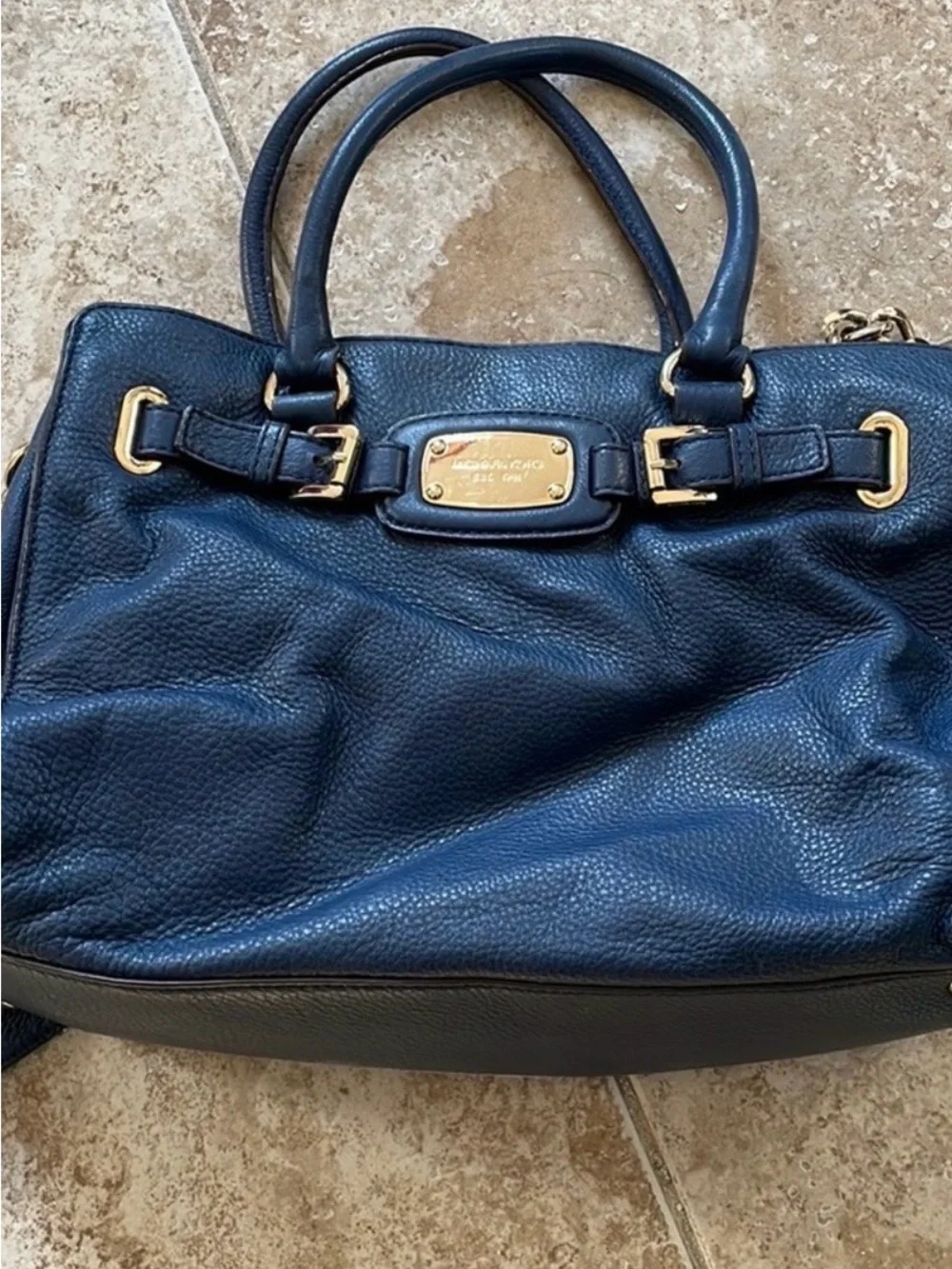 Michael Kors Dark Navy Pebbled Leather Satchel with Gold Hardware